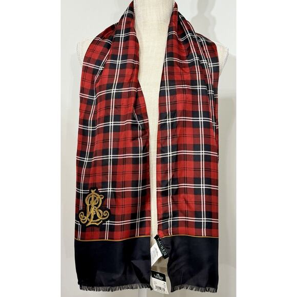 NEW Lauren Ralph Lauren 100% Silk Red Plaid Crest 11 X 61 Preppy Classic Holiday - Picture 1 of 2